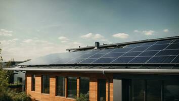Close up of a new building with solar panels on the roof. Sustainable and clean energy at home.. Ai Generated photo