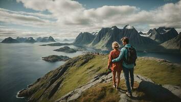 Couple family traveling together on cliff edge in Norway man and woman lifestyle concept summer vacations outdoor aerial view Lofoten islands Reinebringen mountain top. Ai Generated photo