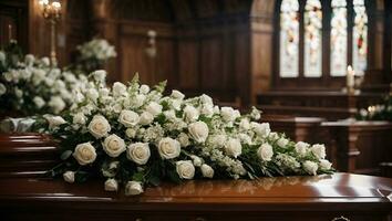 Coffin in the church with white flowers. Funeral ceremony. Ai Generated photo