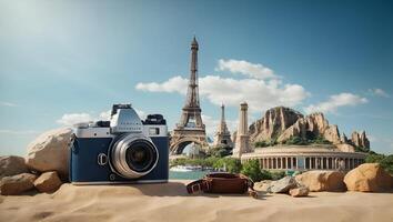 Travel, world landmarks on the background of blue sky. Ai Generated photo