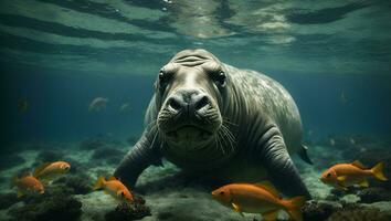 lazy sea cow swimming underwater with fish. Ai Generated photo