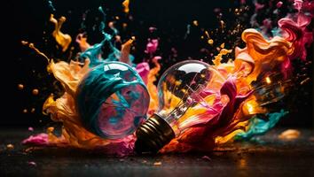 Creative light bulb explodes with colorful paint and splashes. Ai Generated photo