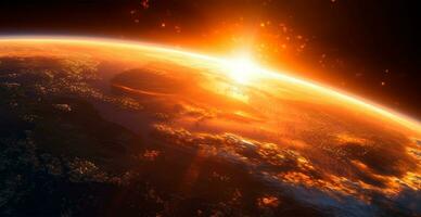 Panoramic view of the globe of planet Earth from space. Glowing bright sun - AI generated image photo