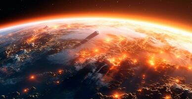 Panoramic view of the globe of planet Earth from space. Glowing bright sun - AI generated image photo