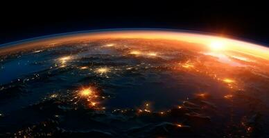 Panoramic view of the globe of planet Earth from space. Glowing bright sun - AI generated image photo