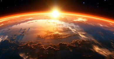 Panoramic view of the globe of planet Earth from space. Glowing bright sun - AI generated image photo