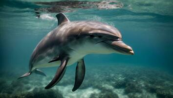 beautiful shot of a common bottlenose dolphin living his best life under the sea. Ai Generated photo