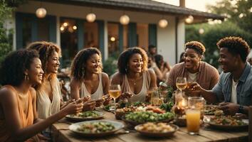 Group of Multiethnic Diverse People Having Fun, Communicating with Each Other and Eating at Outdoors Dinner. Family and Friends Gathered Outside Their Home on a Warm Summer Evening.. Ai Generated photo