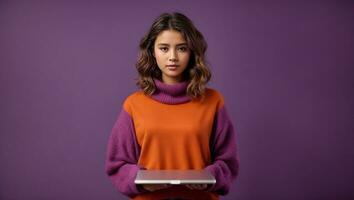 Full body photo of nice young girl netbook look direct empty space. Ai Generated