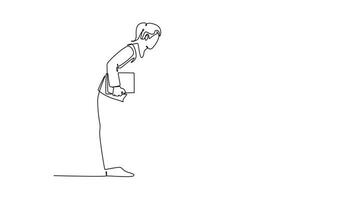 Animated self drawing of continuous line draw pretty female teacher meet one of her student at school and giving high five gesture. School education activity concept. Full length single line animation video