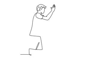 Animated self drawing of continuous line draw two young happy man playing basket ball on outfield court and giving high five gesture. Healthy sport lifestyle concept. Full length single line animation video