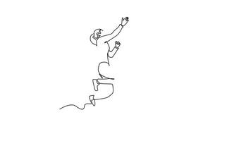 Animated self drawing of continuous line draw of young happy couple male and pretty female so happy, jumping give high five gesture together. Business teamwork concept. Full length one line animation video