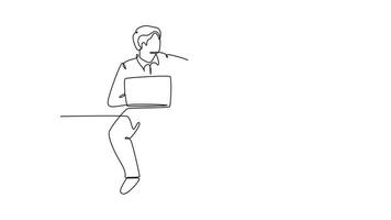 Animated self drawing of continuous line draw young happy couple business man and business woman opening their laptop and giving high five gestures. Business teamwork. Full length one line animation video