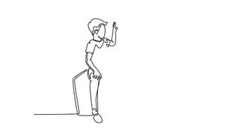 Self drawing animation of single line young happy male doctor checking up sick patient boy and give high five gesture. Medical healthcare service treatment. Continuous line draw. Full length animated video