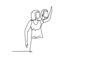yo dibujo animación de soltero línea dibujar grupo de contento mujer dando alto cinco gestos después haciendo algunos aerobio ejercicio a gimnasio juntos. aptitud física. continuo línea dibujar. lleno longitud animado video