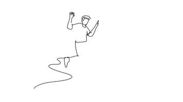 Animated self drawing of continuous line draw young happy student couple jumping to celebrate their final exam result graduation together. Campus life education concept. Full length one line animation video