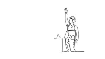 Animated self drawing of continuous line draw construction workers and foreman with vest and helmet celebrate their successive build. Building construction concept. Full length single line animation video