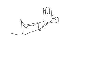 Animated self drawing of continuous line draw young happy woman take rest after do some exercise and giving high five to her friend at outfield park. Friendship concept. Full length one line animation video