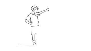 Animated self drawing of continuous line draw young happy father bow his body to give high five gesture to boy while playing soccer on football court. Parenting concept. Full length one line animation video