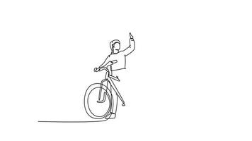 Animated self drawing of continuous line draw of young happy couple male and female with bicycle together and giving high five gesture. Romantic relationship concept. Full length single line animation video