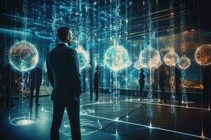 Businessman looking at hologram digital interface. Technology concept. Double exposure, Futuristic business management system and network line hologram, AI Generated photo