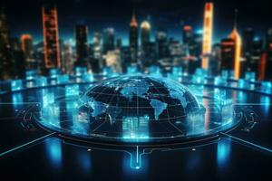 Glowing world map on blue background. Globalization concept. 3D Rendering, Futuristic business management system and network line hologram, AI Generated photo