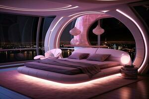 3d rendering of a modern bedroom with a view of the city, Futuristic bedroom with romantic lighting, AI Generated photo