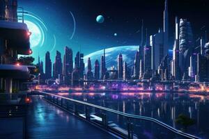 Futuristic city at night. 3d rendering toned image, Futuristic inspired border town with neon lights, AI Generated photo