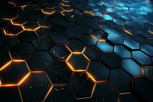 Abstract technology background with glowing hexagons. 3d rendering toned image, Futuristic High Tech Black background with a hexagm, AI Generated photo