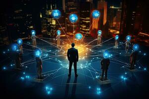 Group of business people and social connection concept. 3D Rendering, Futuristic business management system and network line hologram, AI Generated photo