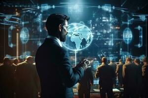 businessman using smartphone with virtual interface on blurry night city with people, Futuristic business management system and network line hologram, AI Generated photo