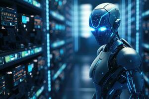 3D rendering humanoid robot working in server room with circuit board background,  Futuristic illustration of an AI robot on a blurry server room background, AI Generated photo