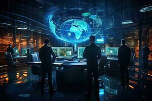 Back view of three businesspeople standing in modern office with glowing globe hologram. Toned image double exposure, Futuristic cybersecurity workspace and a team, rear view, AI Generated photo