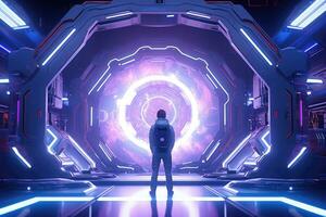 Futuristic dark blue spaceship interior with glowing neon lights 3D rendering, Futuristic spaceship interior with glowing neon lights and man. 3d rendering, AI Generated photo