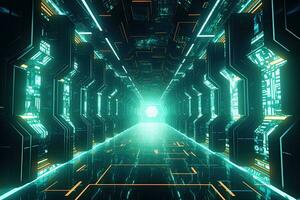 Dark futuristic corridor with glowing neon lights. 3d rendering toned image, Futuristic Metaverse Tunnel with Polygon Shapes and Circuit Boards, AI Generated photo
