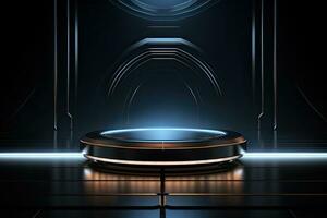 Abstract dark scene with neon light and podium. Mock up, 3D Rendering, Futuristic dark podium with light and reflection background, AI Generated photo