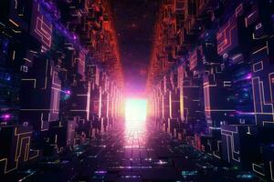 Futuristic corridor with glowing lights, 3d rendering digital illustration, Futuristic Metaverse Tunnel with Polygon Shapes and Circuit Boards, AI Generated photo