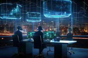 Back view of business people working on project in office with cityscape at night. 3D rendering, Futuristic cyber security workspace and a team of modern businessman working together, AI Generated photo