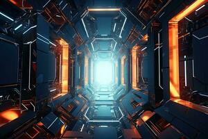 Futuristic scifi tunnel corridor with glowing lights 3D rendering, Futuristic Metaverse Tunnel with Polygon Shapes and Circuit Boards, AI Generated photo