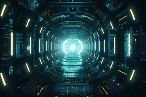 Dark futuristic space tunnel corridor with glowing neon lights 3D Rendering, Futuristic Metaverse Tunnel with Polygon Shapes and Circuit Boards, AI Generated photo