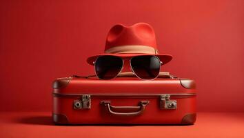 Suitcase with hat and sunglasses on red background. Ai Generated photo