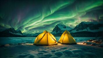 A glowing yellow camping tent under a beautiful green northern lights aurora. Ai Generated photo