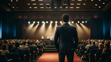 back view of motivational speaker standing on stage . Ai Generated photo