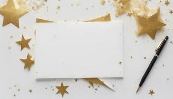 Blank note with envelope, pen and gold glitter stars on white background. Ai generated photo
