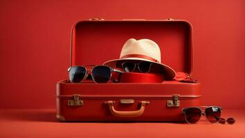 maleta con sombrero y Gafas de sol en rojo antecedentes. ai generado foto