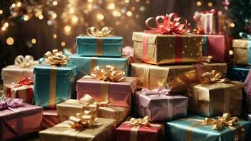 Pile of presents. Happy birthday gifts.. Ai Generated photo