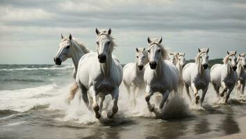 de cerca de blanco caballos correr a lo largo el costa mediante agua. negro y blanco.. ai generado foto