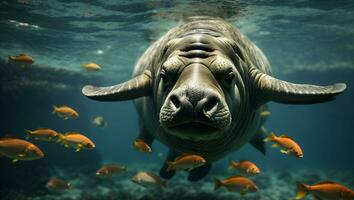 lazy sea cow swimming underwater with fish. Ai Generated photo