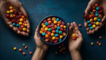 Holding bowl of candies. Ai Generated photo