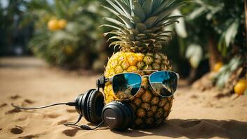 view of pineapple fruit with cool sunglasses and headphones. Ai Generated photo